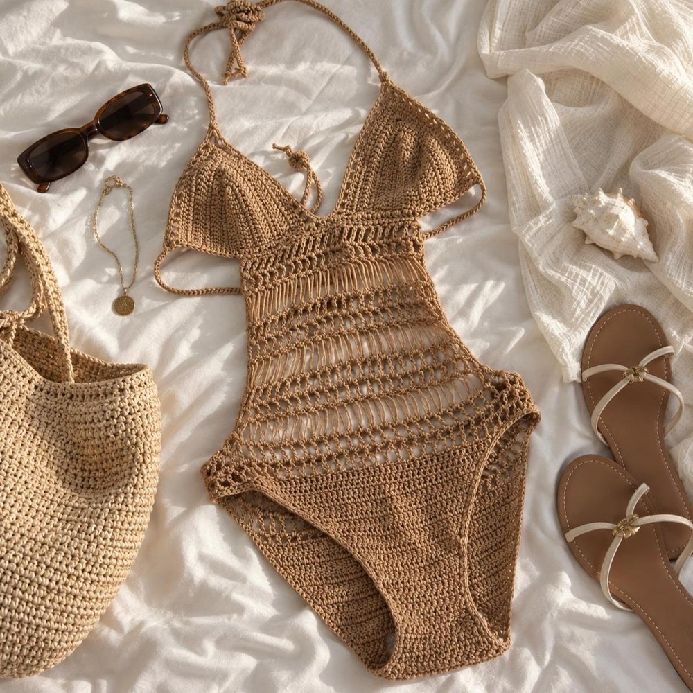 crochet tan swimsuit  tan crochet one piece super beachy and boho
